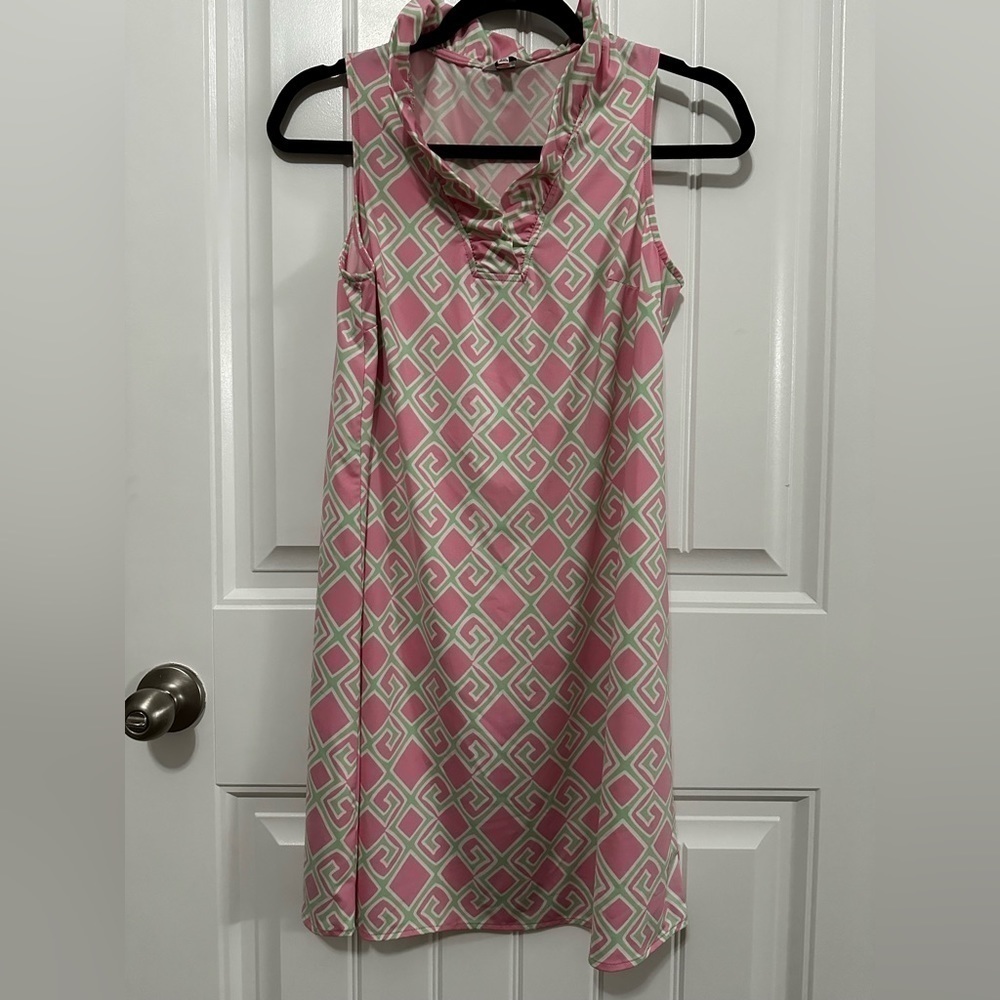 Crown & Ivy Pink and Green geometric print, ruffle neck Dress Size P/M
